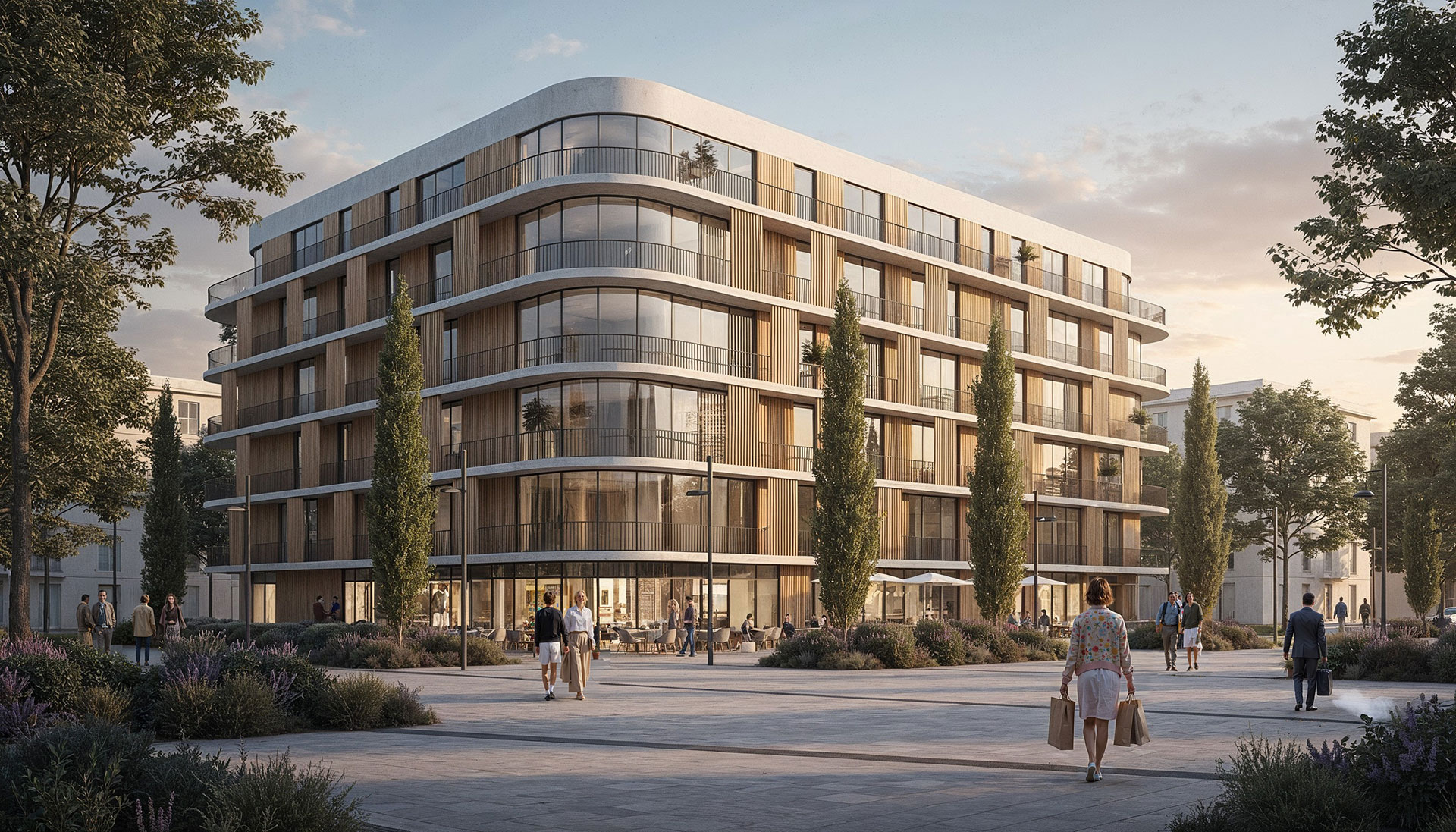 Perspective 3D photoréaliste d'immeuble résidentiel moderne avec bardage bois et balcons arrondis