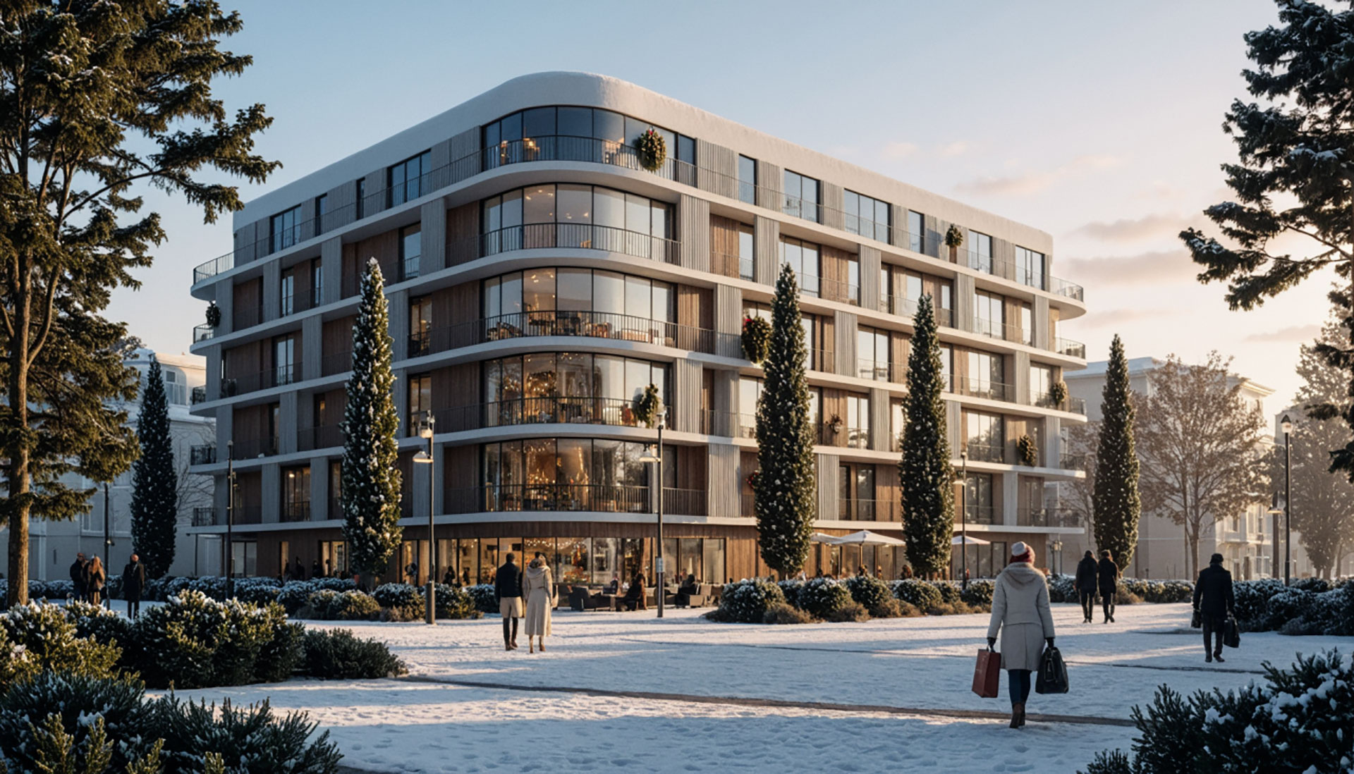 Perspective 3D immeuble résidentiel moderne sous la neige - Ambiance hivernale et festive