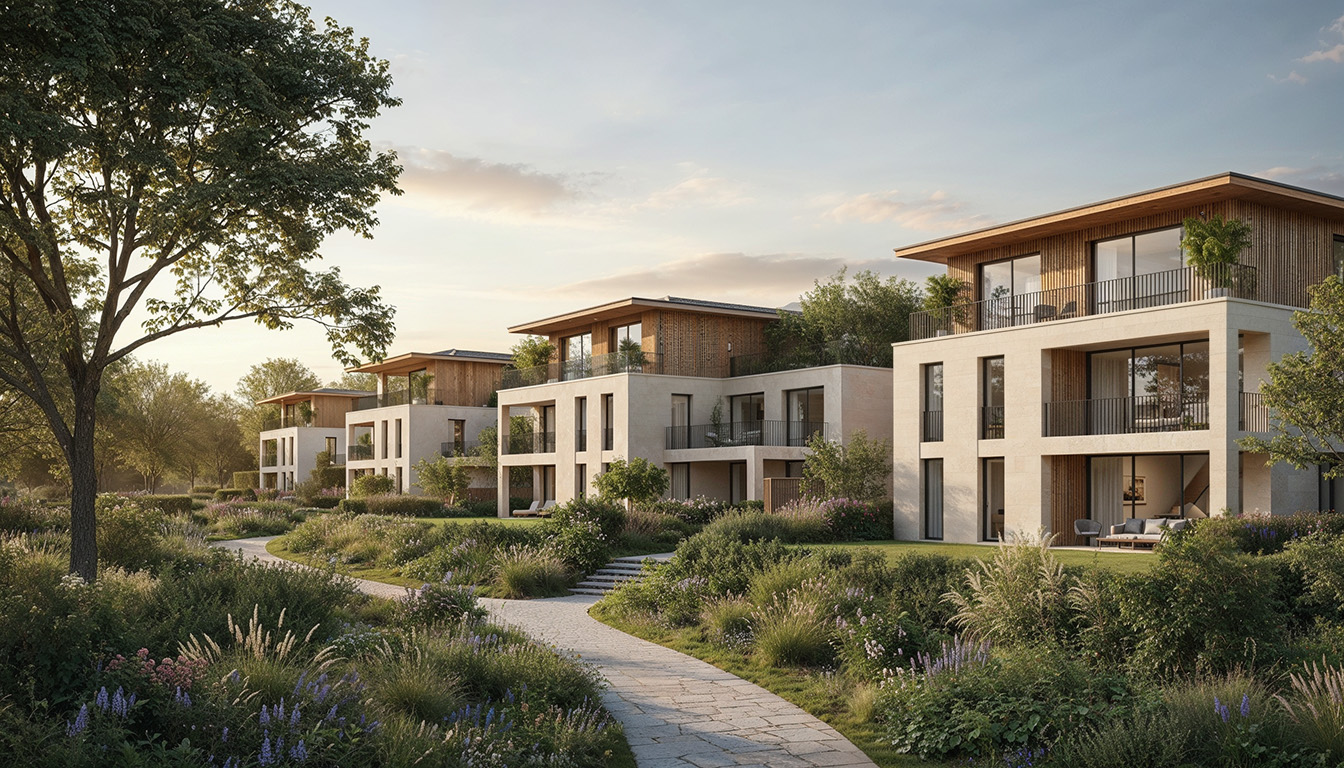 Perspective 3D de villas contemporaines avec toits plats, bardage bois et jardins paysagers