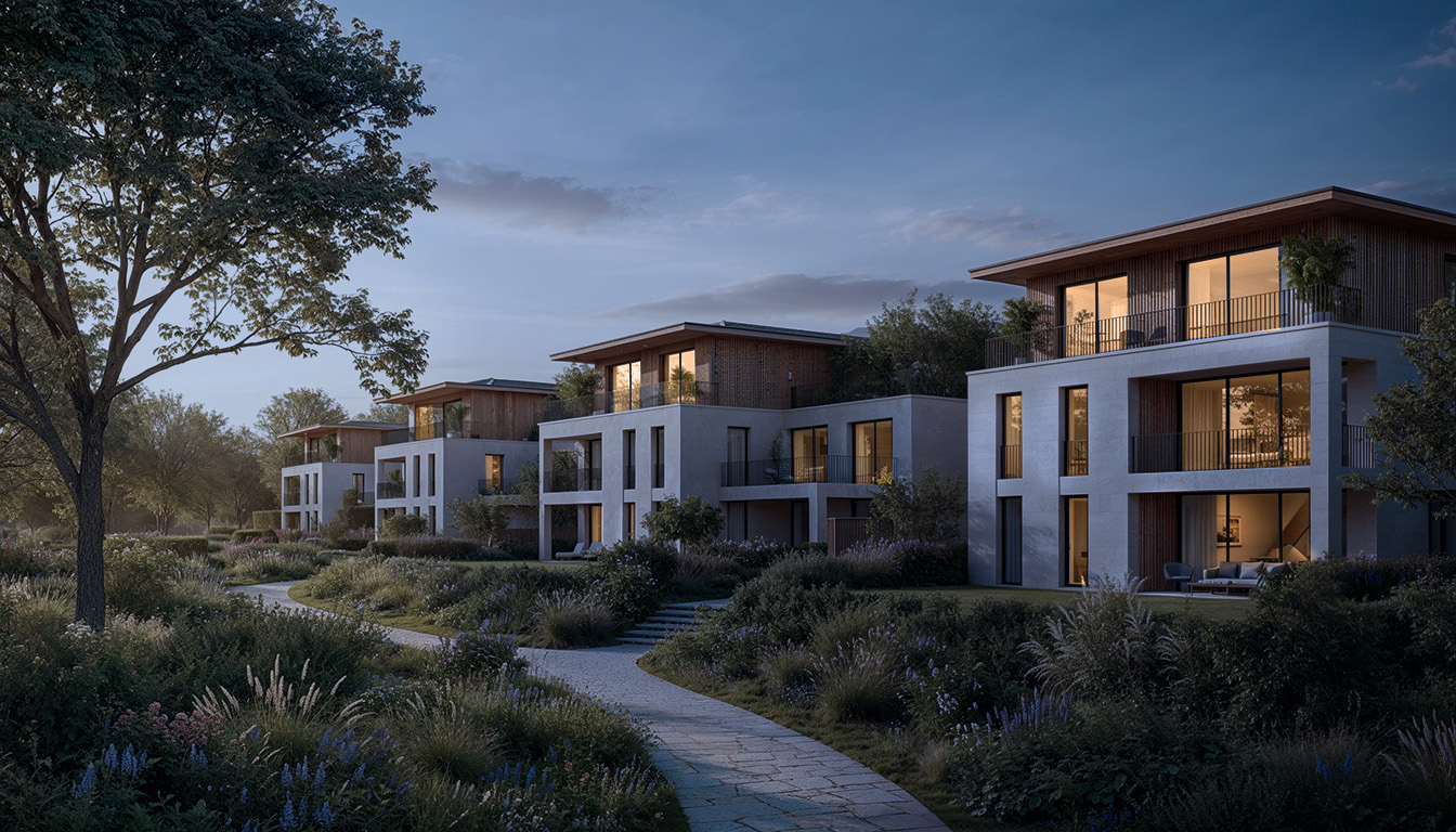 Perspective 3D de villas contemporaines by night - Éclairage chaleureux et architecture moderne