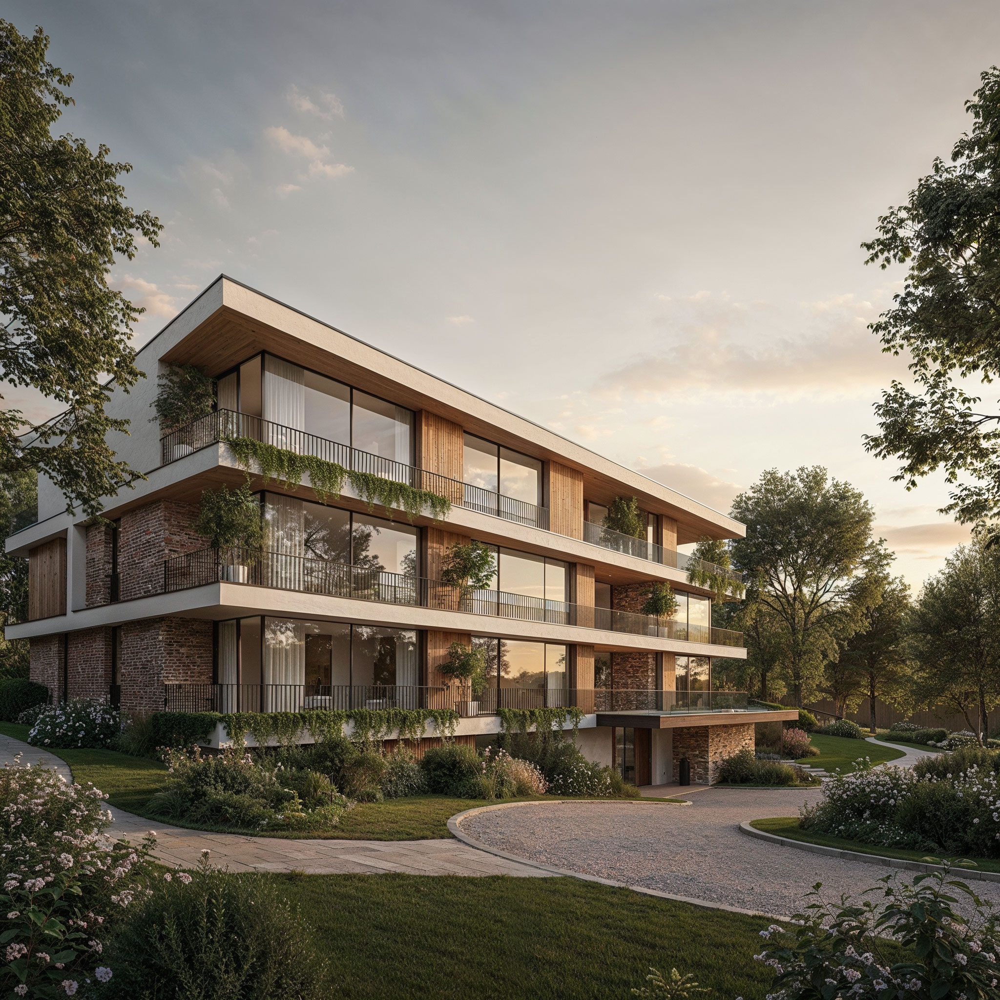 Perspective 3D immeuble résidentiel haut de gamme avec terrasses végétalisées et bardage bois