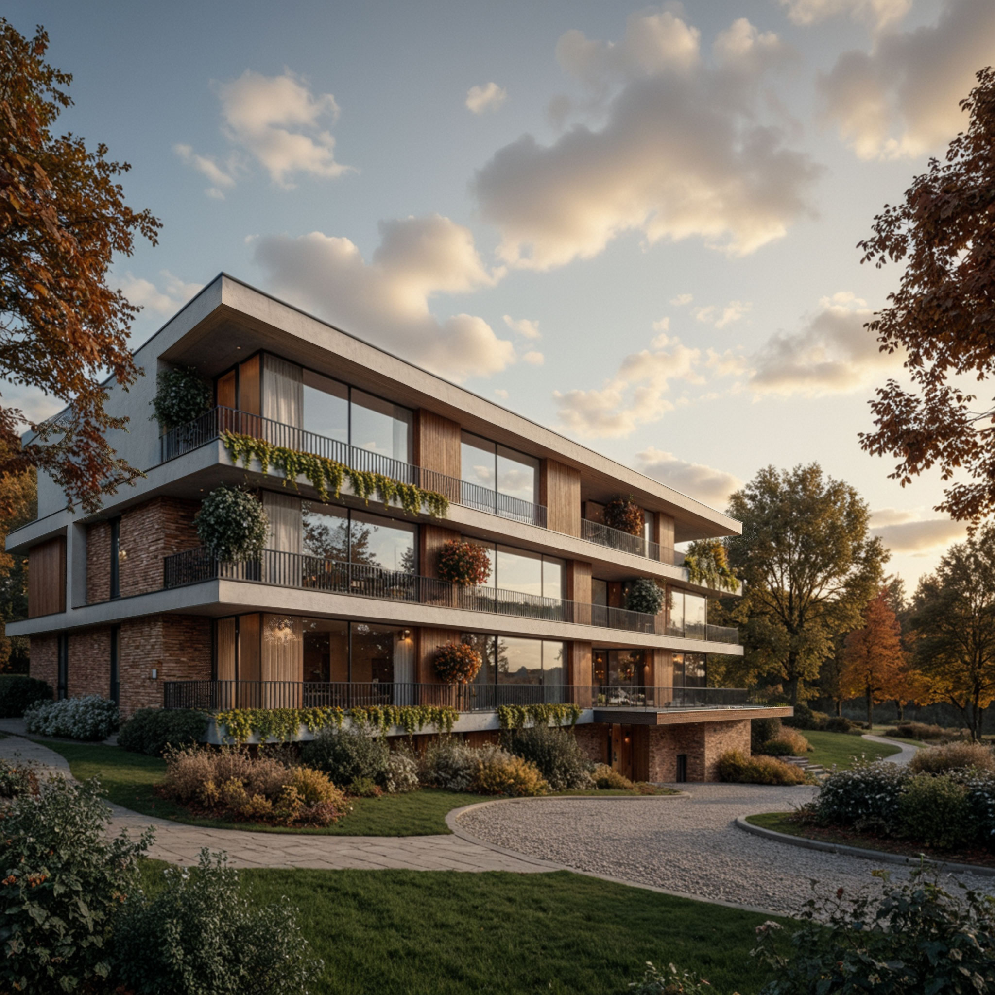Perspective 3D résidence contemporaine en automne - Terrasses végétalisées et couleurs ocres