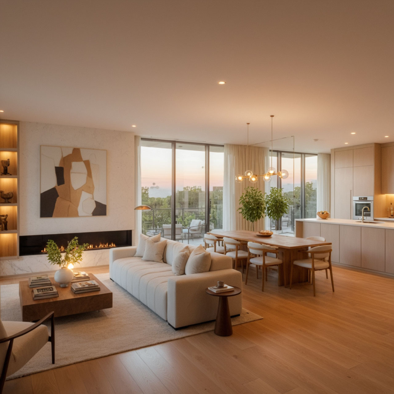 Rendu 3D intérieur appartement moderne - Salon ouvert avec vue panoramique urbaine