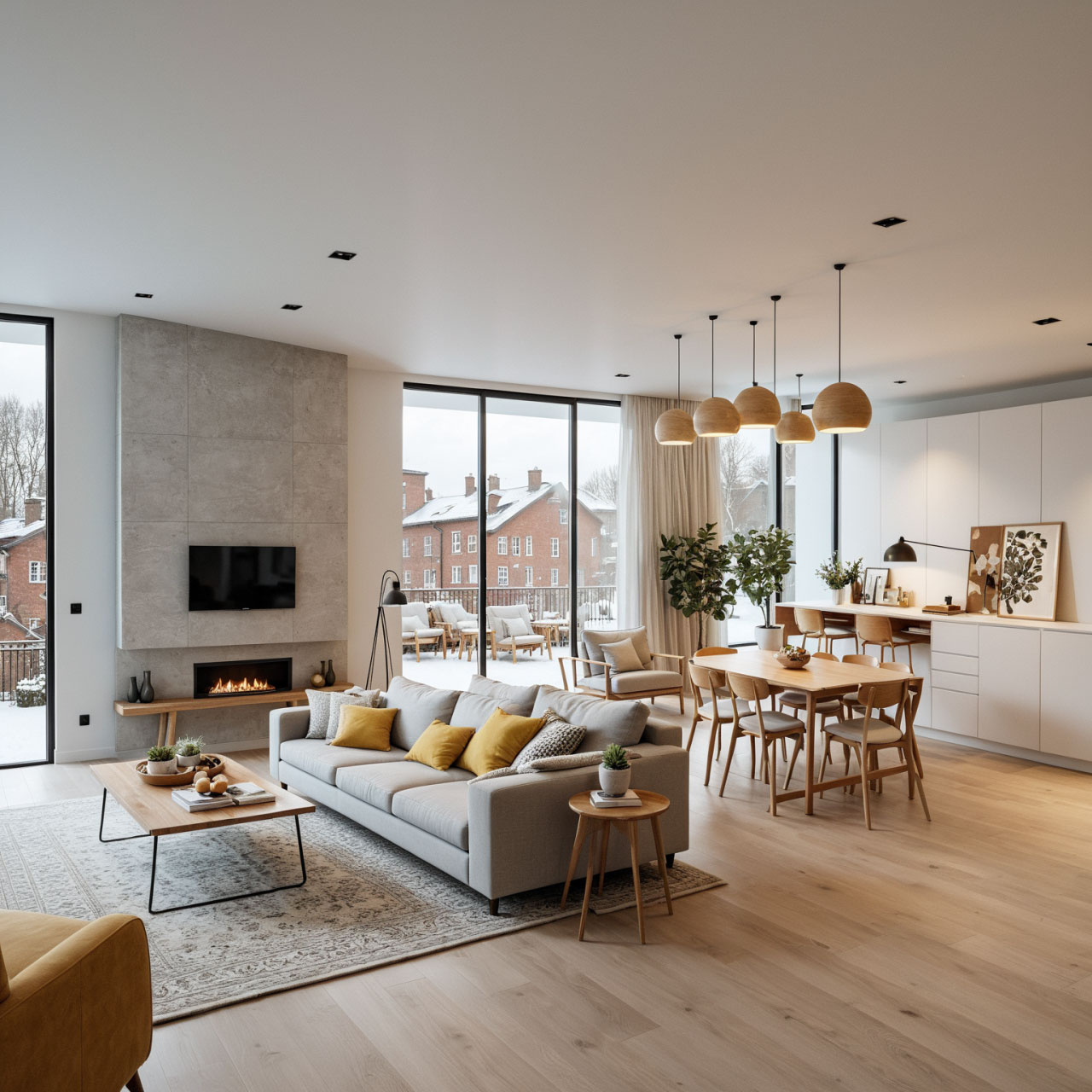 Rendu 3D intérieur style scandinave - Salon lumineux avec mobilier bois et tons naturels